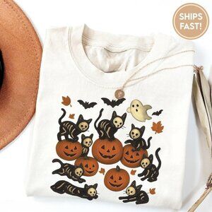 Cat Pumpkin Shirt Halloween Season Vintage Autumn Tee